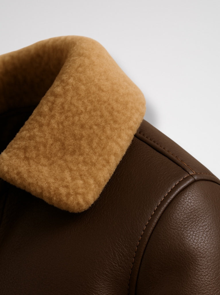 Close-up of a brown shearling leather jacket with a fur-lined collar on a light gray background