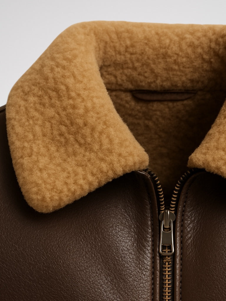Close-up of a brown shearling leather jacket with a fur-lined collar on a light gray background