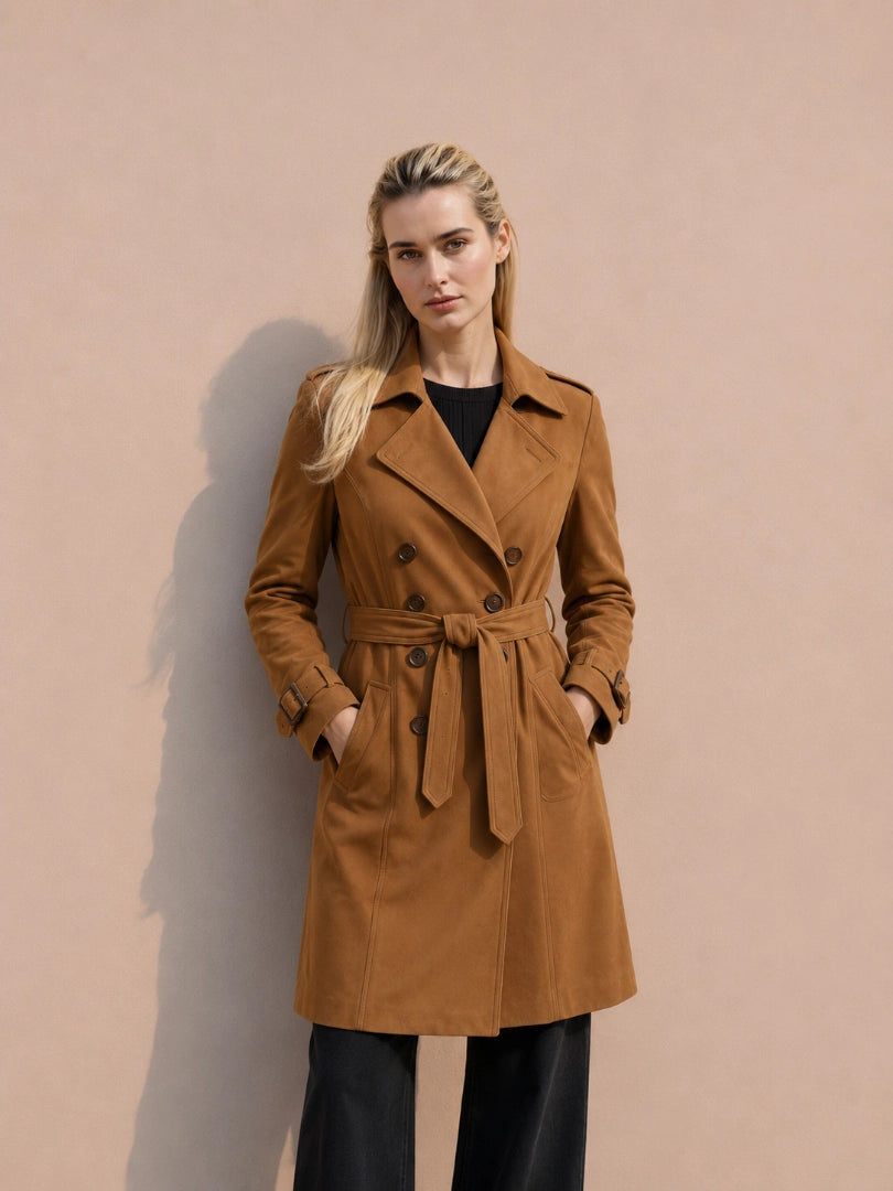Woman wearing a brown trench coat against a beige background