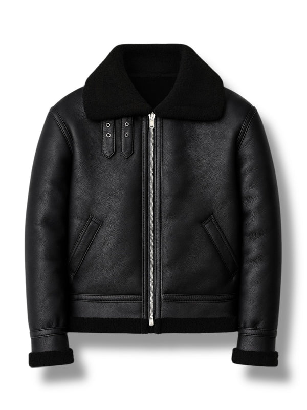 LuxeAura’s Vintage Black B3 Shearling Leather Jacket For Men.