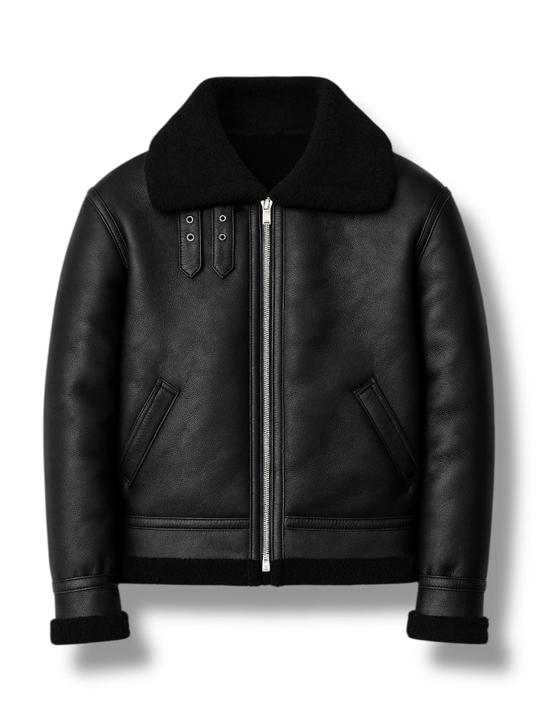 Black leather jacket with a high collar on a white background