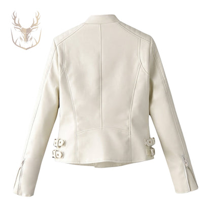 LuxeAura’s White Biker Quilted Shoulders Leather Jacket For Women.