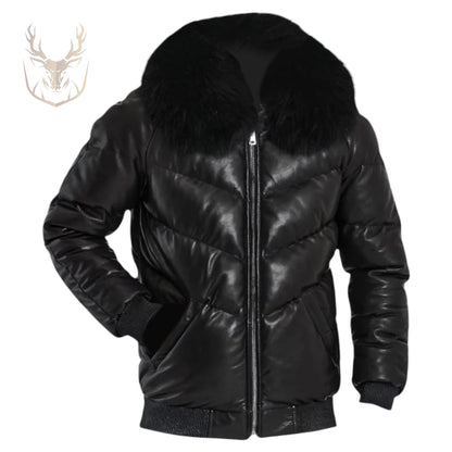 LuxeAura’s Black Quilted Fur Puffer Jacket For Men.