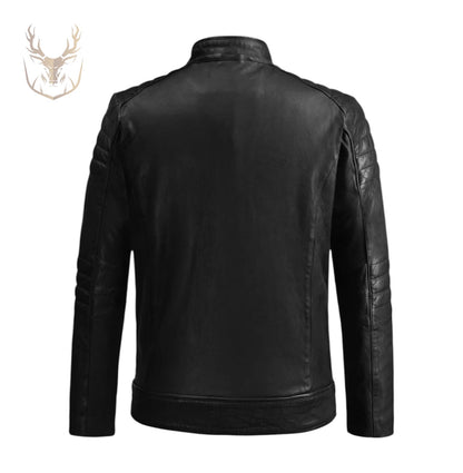 LuxeAura’s Black Padded Cafe Racer Leather Jacket For Men.