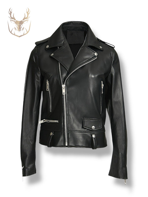 LuxeAura’s Black Biker Leather Jacket For Women.