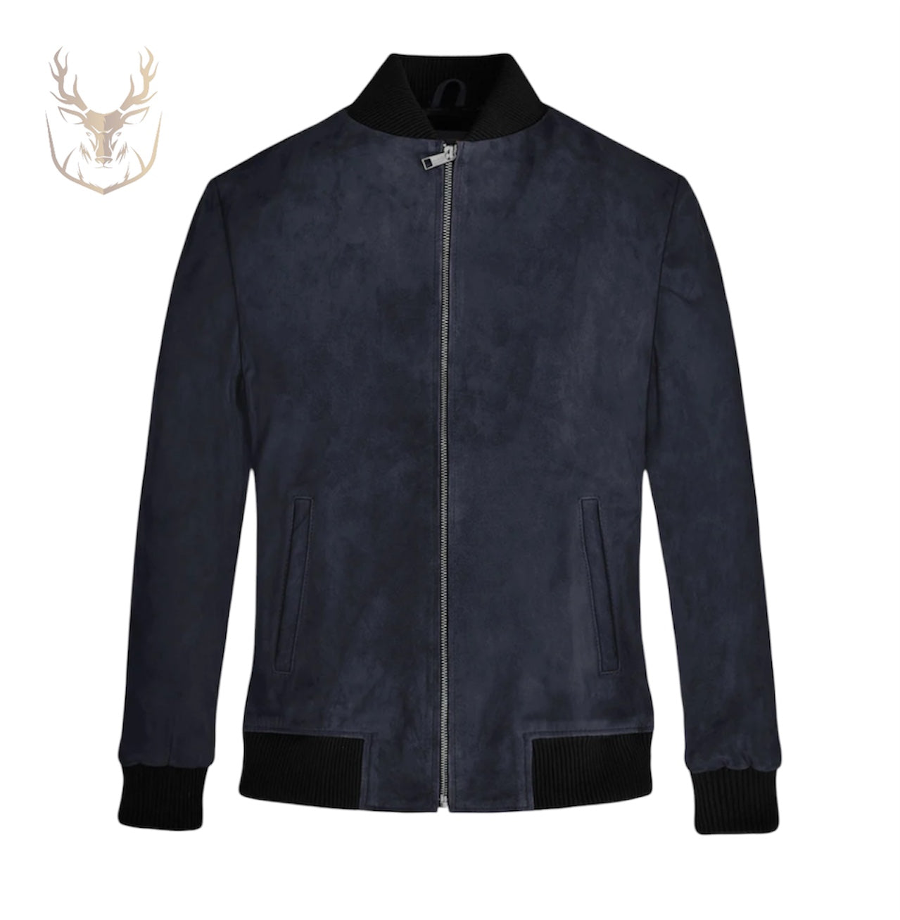 LuxeAura’s Dark Blue Suede Bomber Jacket For Men.