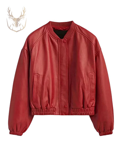 LuxeAura's Red Leather Bomber Jacket For Women