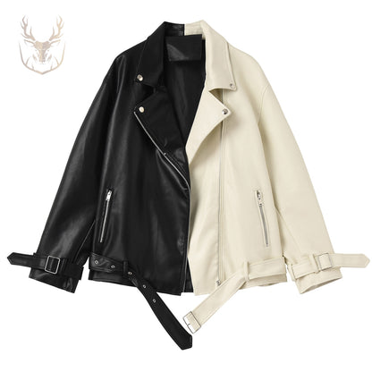 LuxeAura’s Black & Beige Biker Leather Jacket For Women.