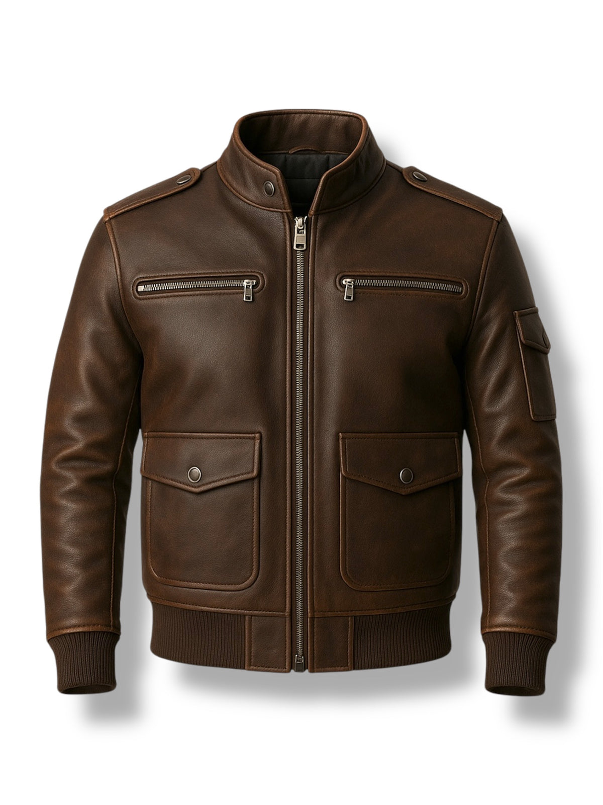 The BRAVSTON – The Bomber Leather Jacket is a dark brown cowhide bomber with a front zipper, two zip chest pockets, two button flap pockets, sleeve pocket, ribbed cuffs and hem, and shoulder epaulets. Shown on a white background.
