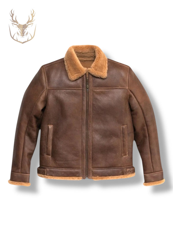 LuxeAura’s Grizzley Brown Shearling Leather Bomber Jacket.