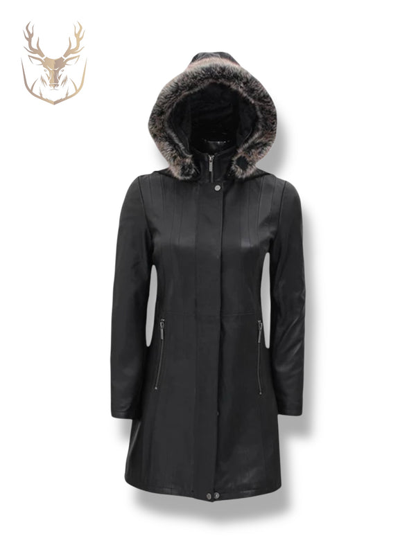 LuxeAura’s Black Hooded Fur Collar Leather Coat For Women.