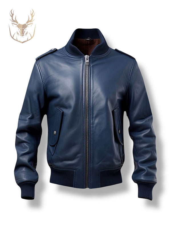 LuxeAura’s Navy Blue Baseball Leather Jacket For Men.