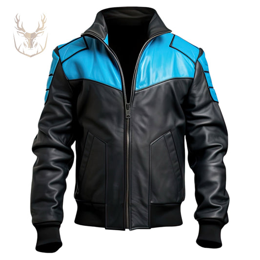 LuxeAura’s Black Blue Bomber Leather Jacket For Men.