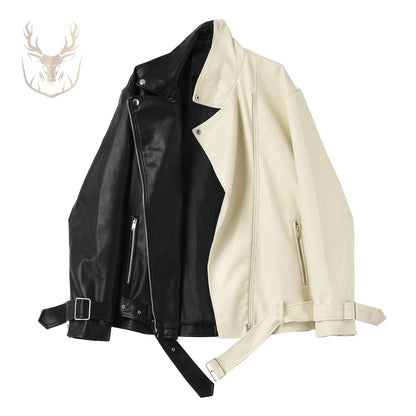 LuxeAura’s Black & Beige Biker Leather Jacket For Women.