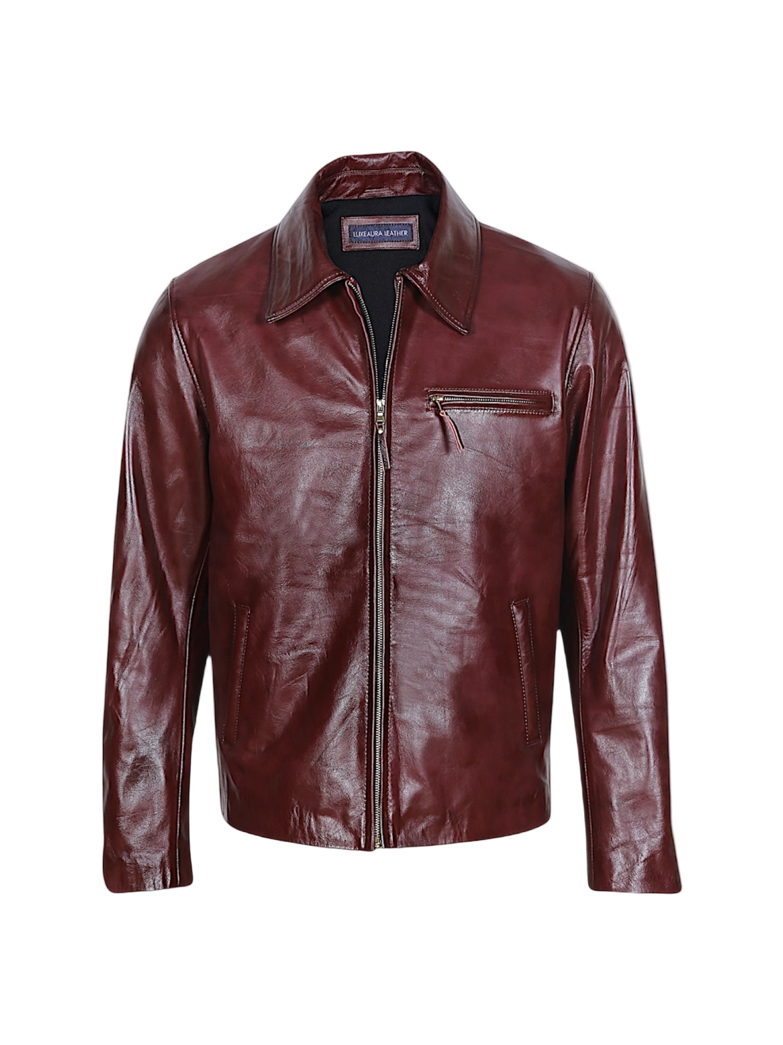 A men's maroon leather trucker jacket with a shirt-style collar, straight front zip, a single slanted chest pocket, and two side pockets with brass hardware.