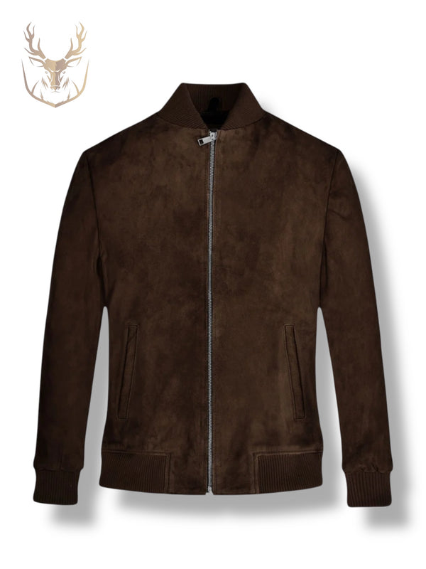 LuxeAura’s Dark Brown Suede Bomber Jacket For Men.