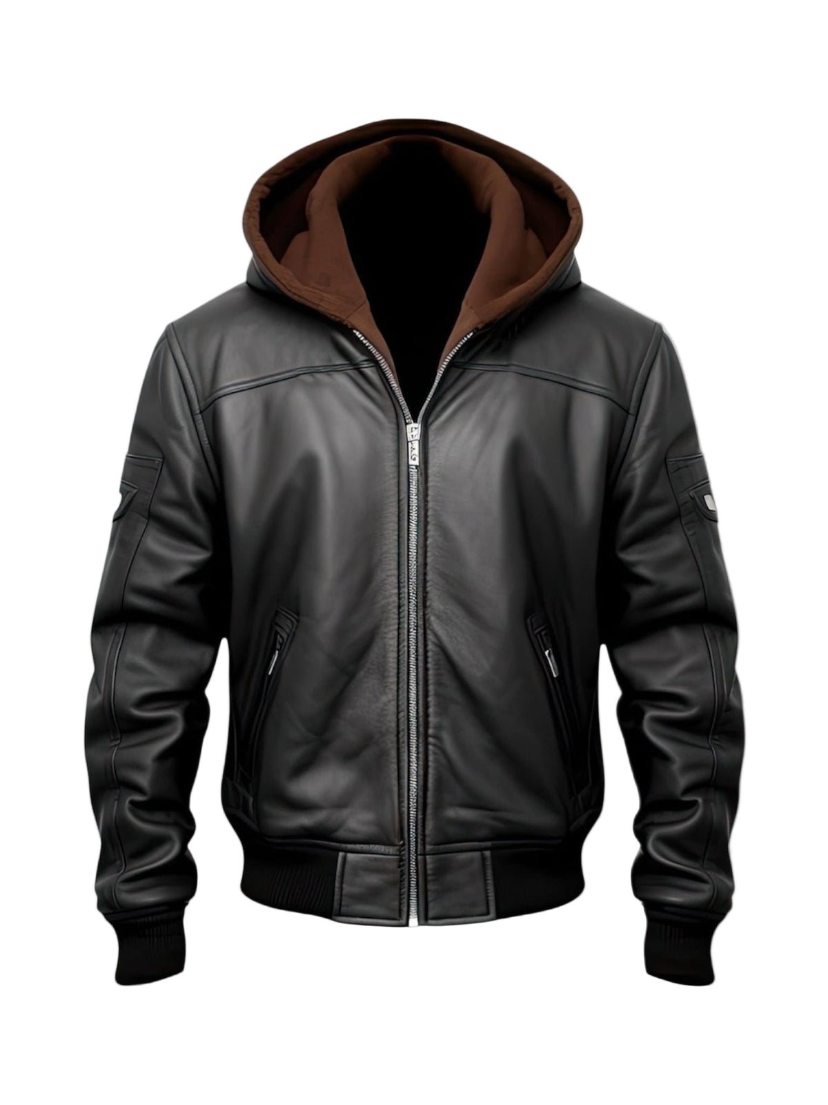 LuxeAura’s Black Hooded Bomber Leather Jacket for Men, shown on a mannequin against a white background, features sheepskin leather, a front zipper, brown hood, ribbed cuffs, side pockets, and detailed stitching.