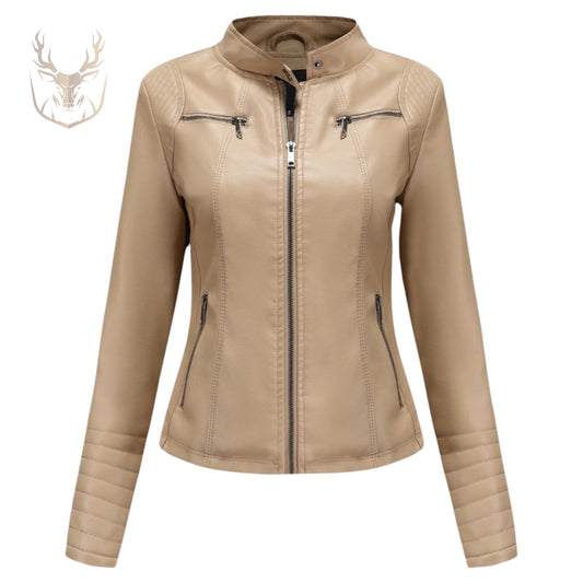 LuxeAura’s Tan Brown Biker Leather Jacket For Women.