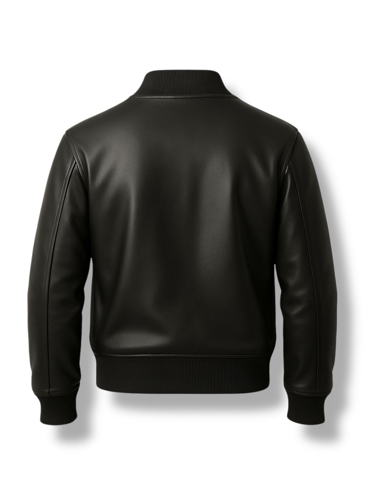 The NOIR – Black Bomber Leather Jacket is shown from the back, featuring a ribbed collar, cuffs, and waistband, crafted from smooth full-grain leather with a classic fitted design.