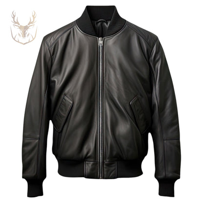 LuxeAura’s Black Baseball Leather Jacket For Men.