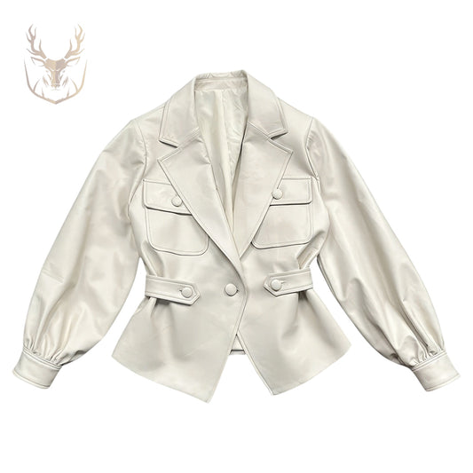 LuxeAura’s Milky White Leather Coat For Women.