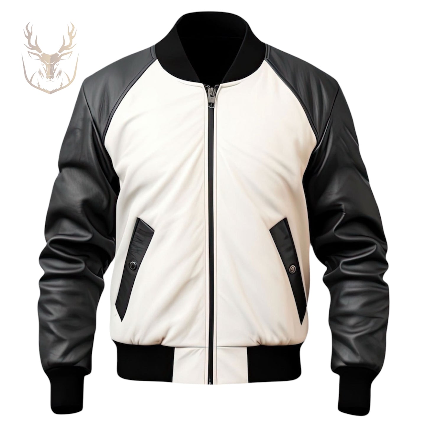 LuxeAura’s Black White Bomber Leather Jacket For Men.