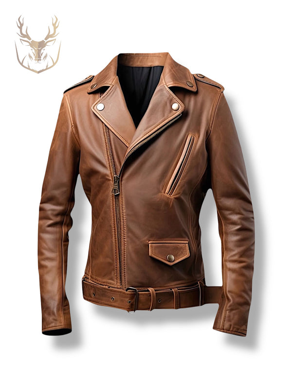 LuxeAura’s Brown Moto Crossover Leather Jacket For Men.