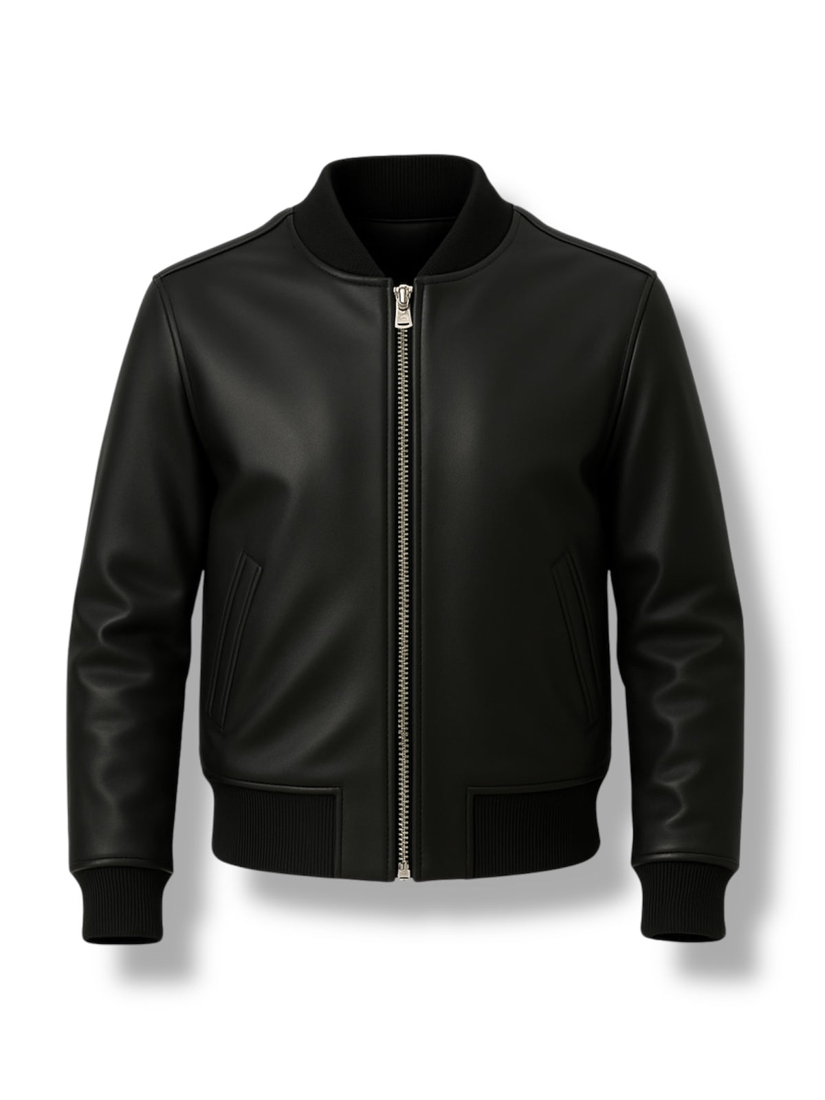 The NOIR Black Bomber Leather Jacket, made from full-grain leather, features a front zipper, ribbed collar, cuffs and hem, slanted side pockets, and is showcased against a plain white background.