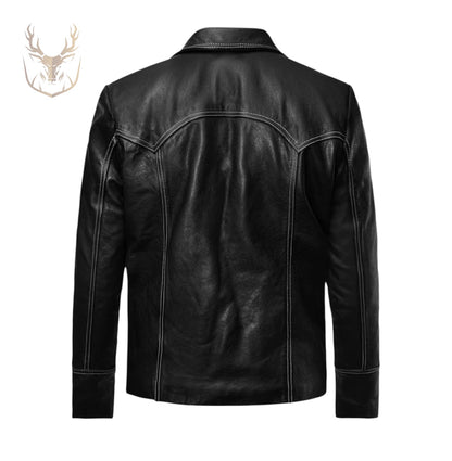 LuxeAura’s Black Luxe-Trucker Leather Jacket For Men.