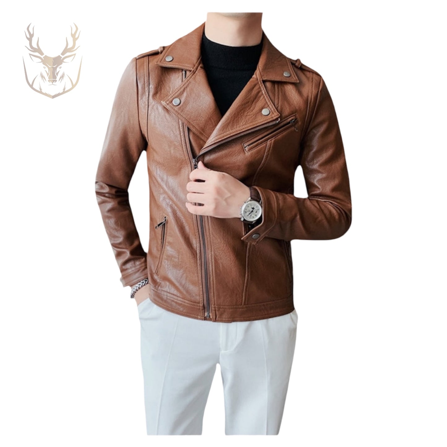 LuxeAura’s Brown Motorcycle Leather Jacket For Men.