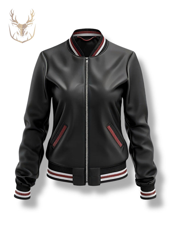 LuxeAura’s Black Baseball Collar Varsity Leather Jacket For Women.