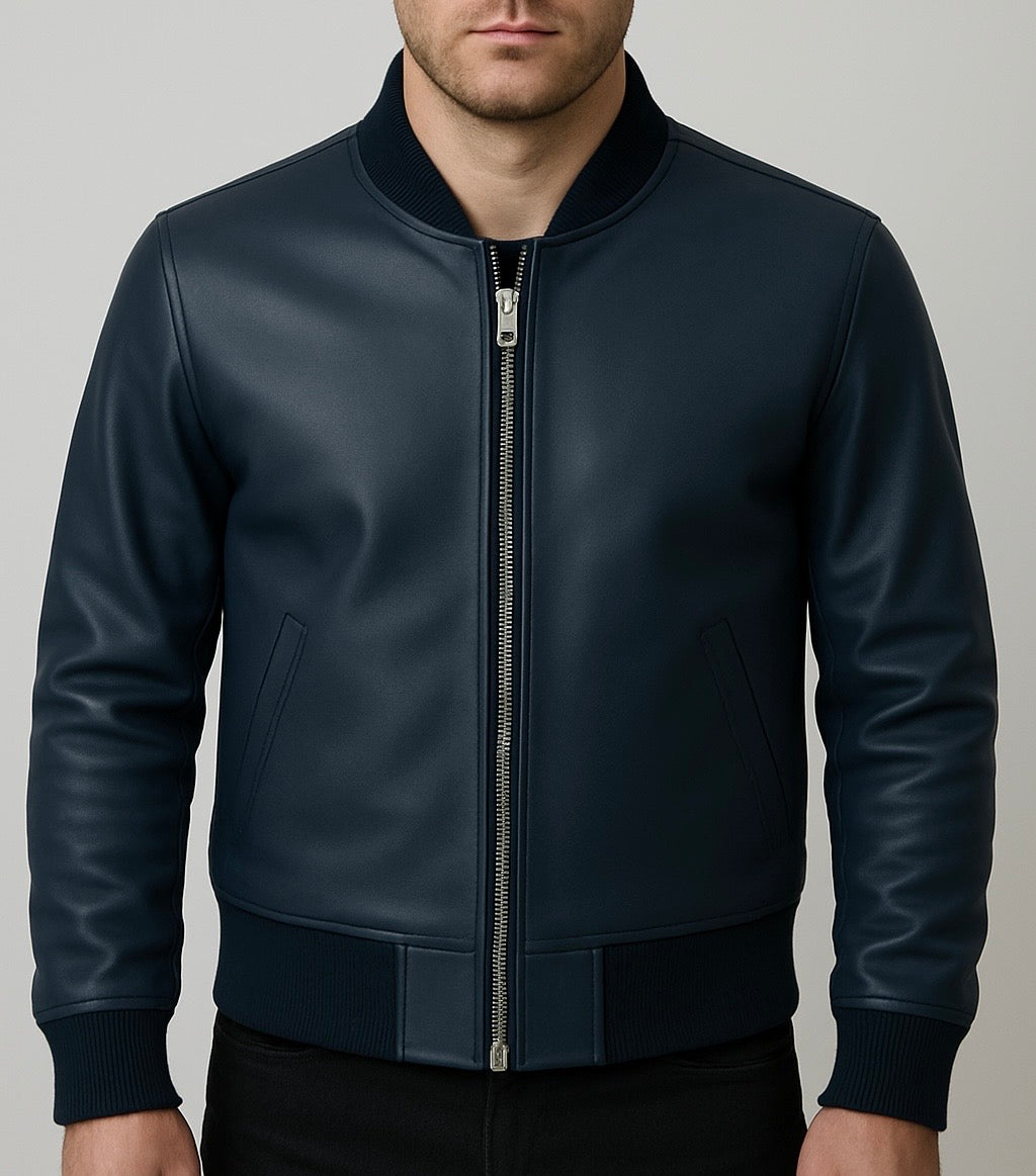 Black leather bomber jacket on a plain background
