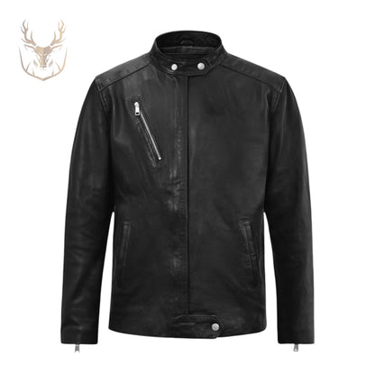 LuxeAura’s Black Drifter Leather Jacket For Men.