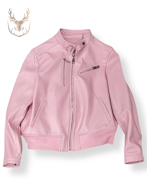 LuxeAura’s Pink Bomber Leather Jacket For Women.