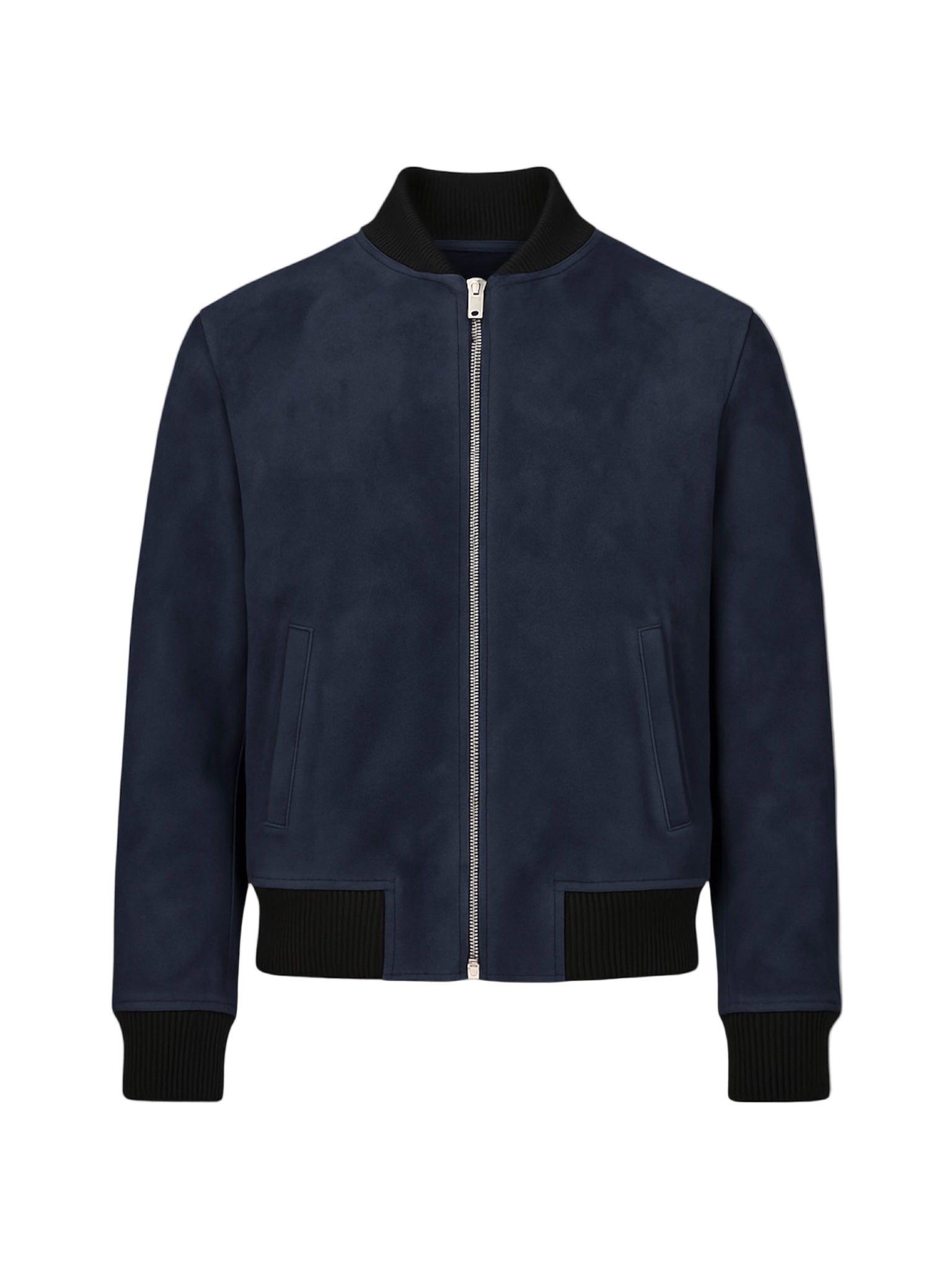Navy bomber jacket with black accents on a white background