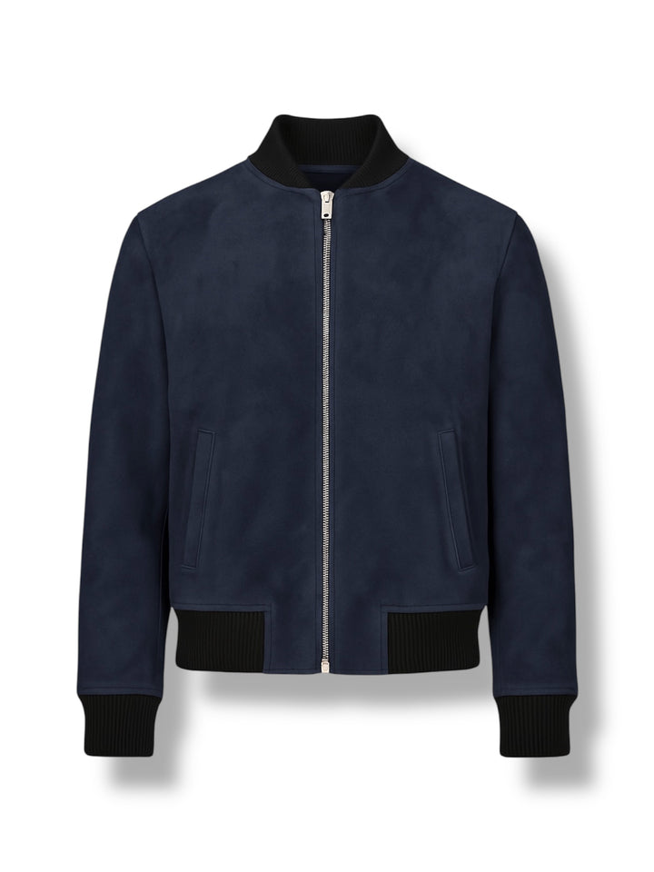 Navy bomber jacket with black accents on a white background