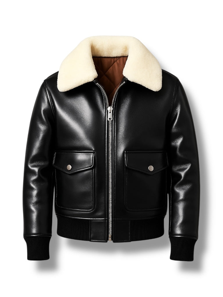 Black leather jacket with white fur lining on a white background