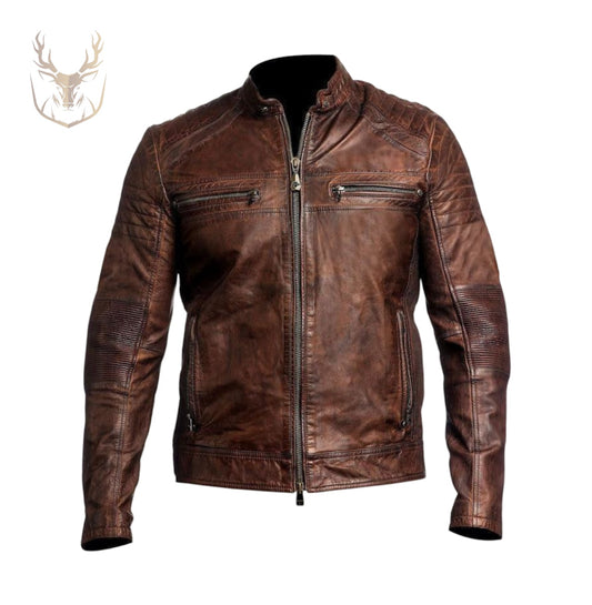 LuxeAura’s Vintage Maroon Cafe Racer Leather Jacket For Men.