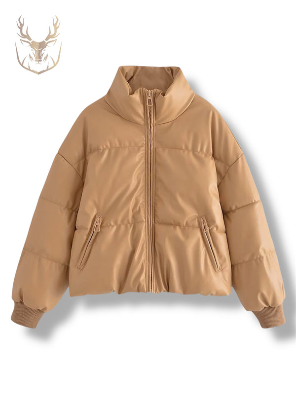 LuxeAura’s Fawn Brown Puffer Leather Jacket For Women.