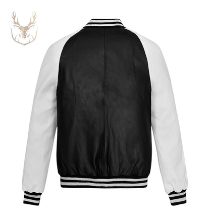 LuxeAura’s Aura White Bomber Leather Jacket For Men.