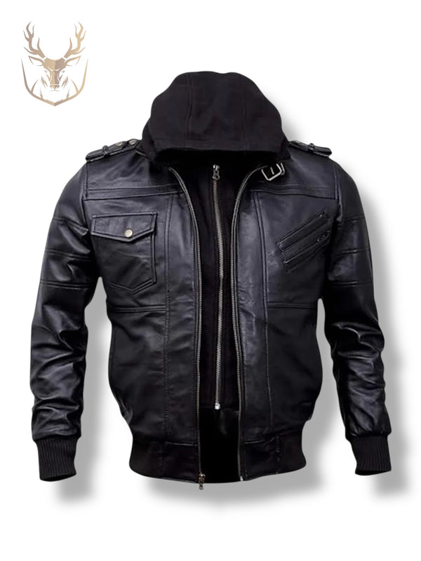 LuxeAura’s Hooded Bomber Leather Jacket For Men.