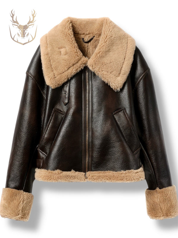 LuxeAura’s Brown Lined Shearling Jacket For Women.