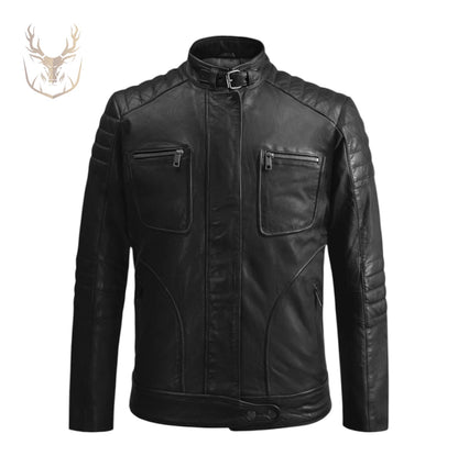 LuxeAura’s Black Padded Cafe Racer Leather Jacket For Men.