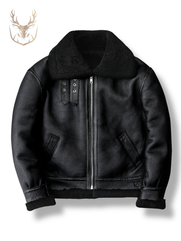 LuxeAura’s Vintage Black B3 Shearling Leather Jacket For Men.