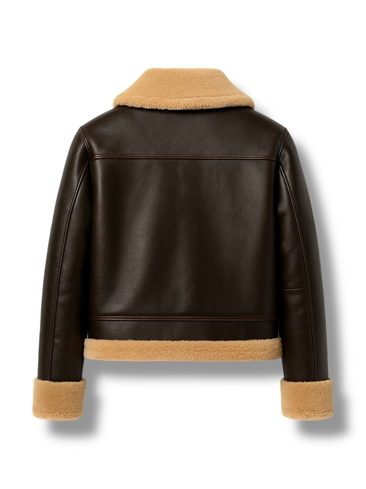 Brown leather jacket with tan shearling collar and cuffs on a white background