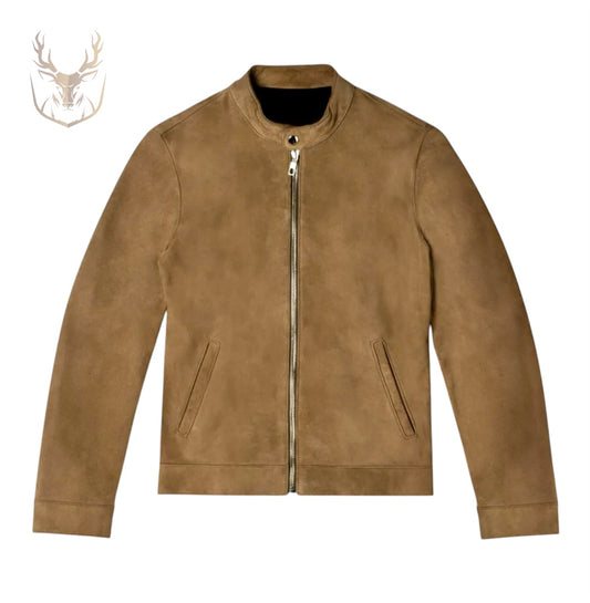 LuxeAura’s Caramel Brown Suede Bomber Jacket For Men.