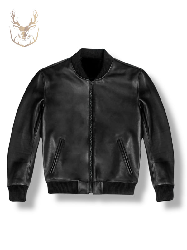 LuxeAura’s Black Bomber Leather Jacket For Men.