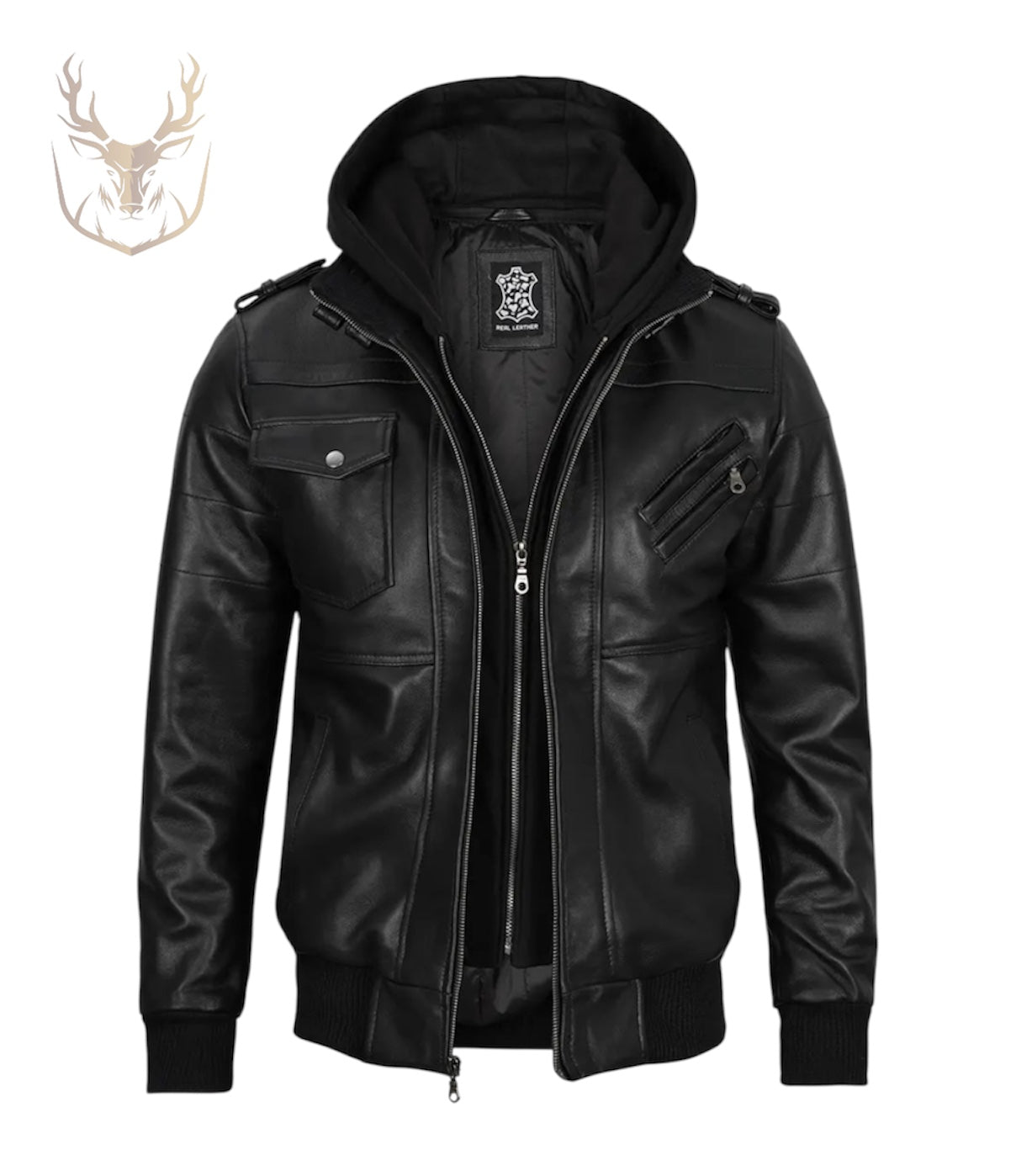 LuxeAura’s Hooded Black Bomber Leather Jacket For Men.