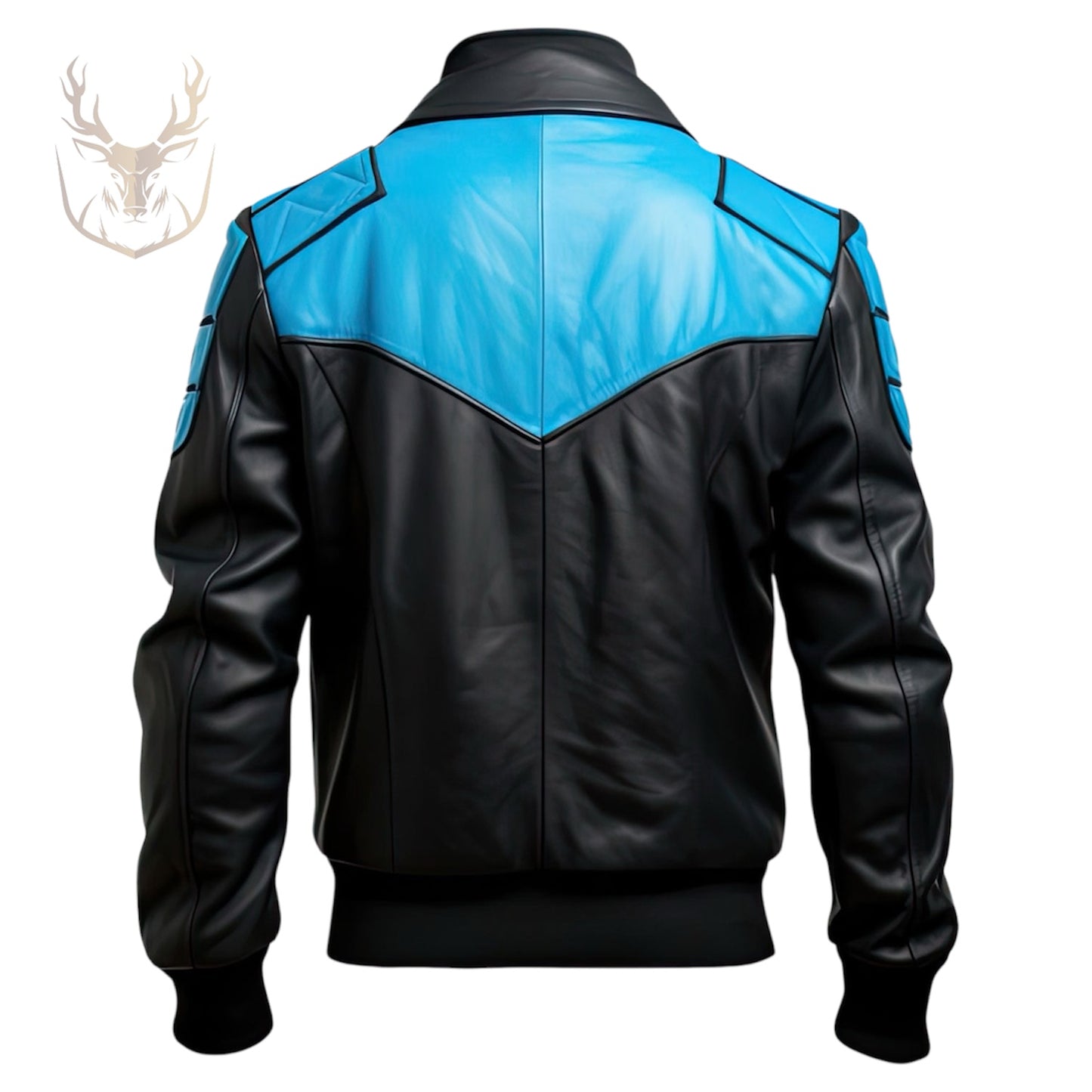 LuxeAura’s Black Blue Bomber Leather Jacket For Men.