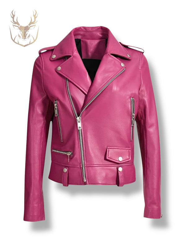 LuxeAura’s Pink Biker Leather Jacket For Women.